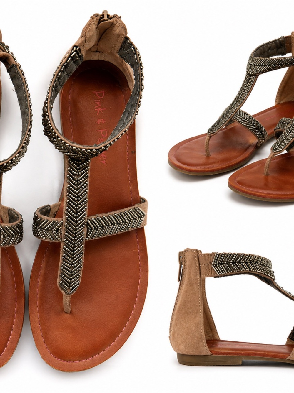 Pink & Pepper Taupe Brown Beaded T-Strap Sandals